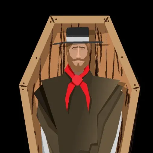 Dead Gaucho illustration: a gaucho with a red scarf standing in a wooden coffin