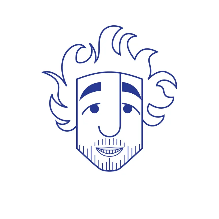 Line-art logo of a smiling face with wild Einstein hair
